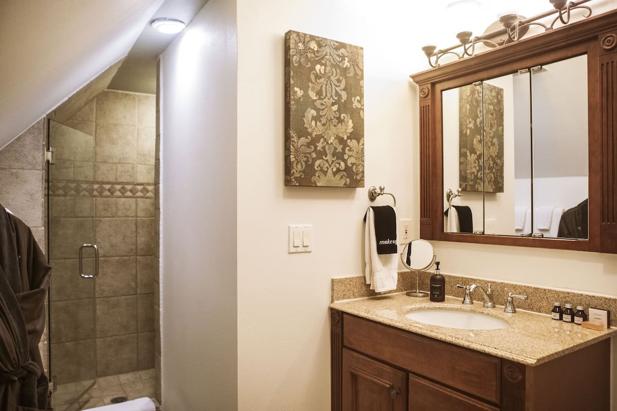 A bathroom with a shower, a sink, a mirror, and a towel rack.