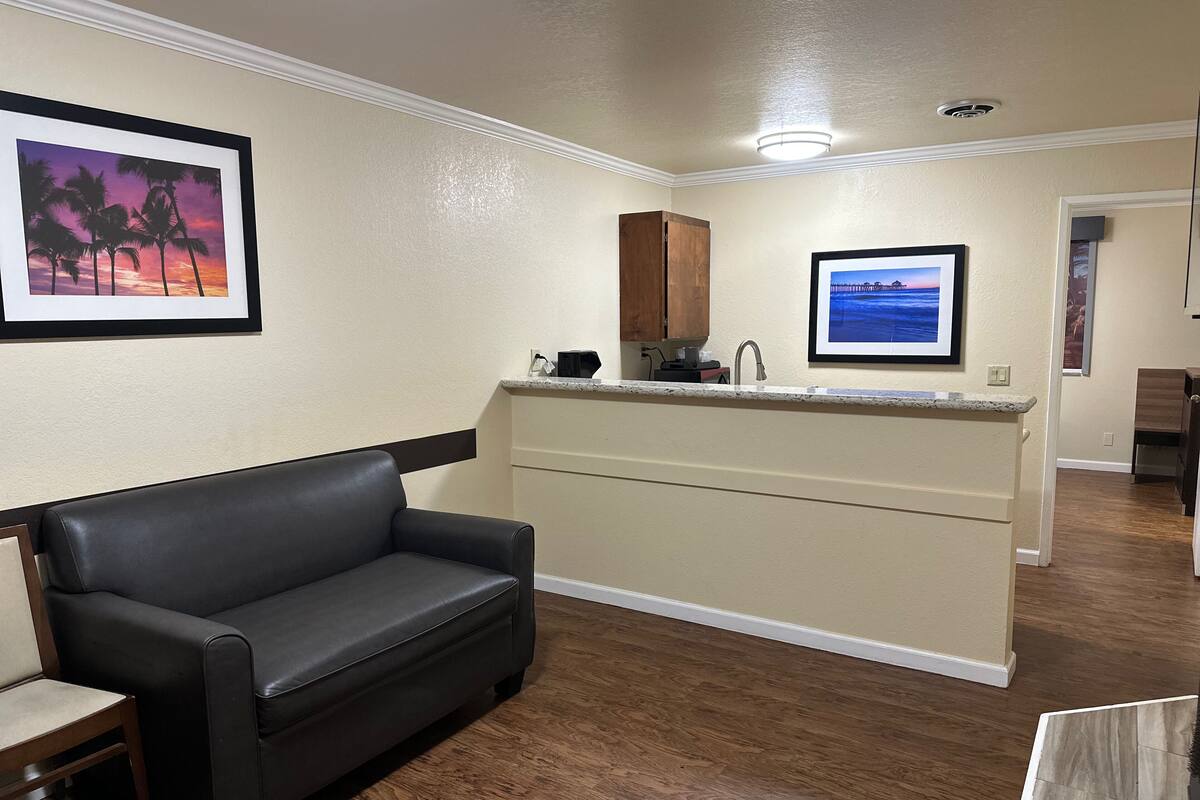 A modern living room with a black leather sofa, a kitchen area with a countertop and sink, and wooden flooring.