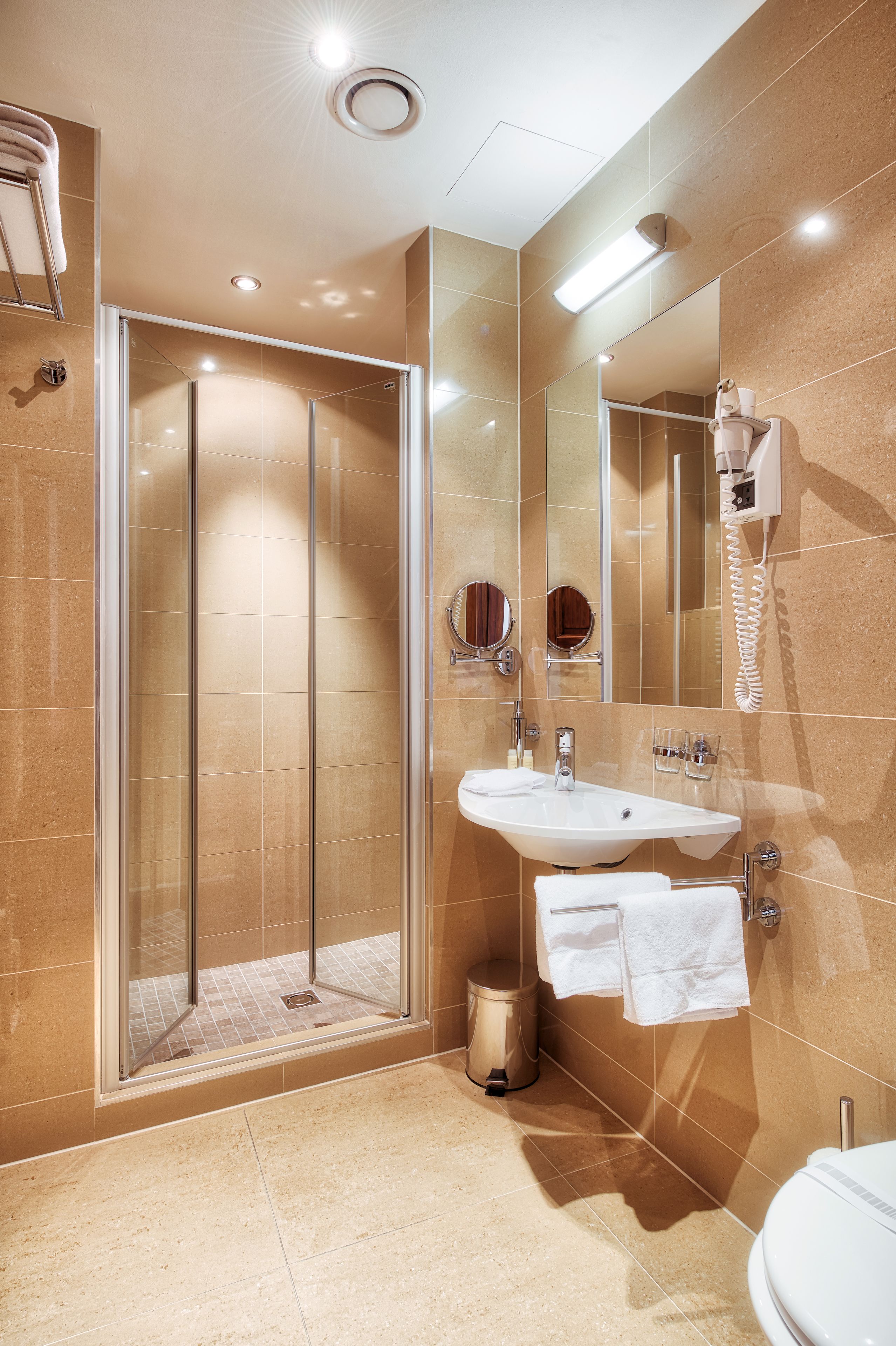 shower, free toiletries, hair dryer, towels