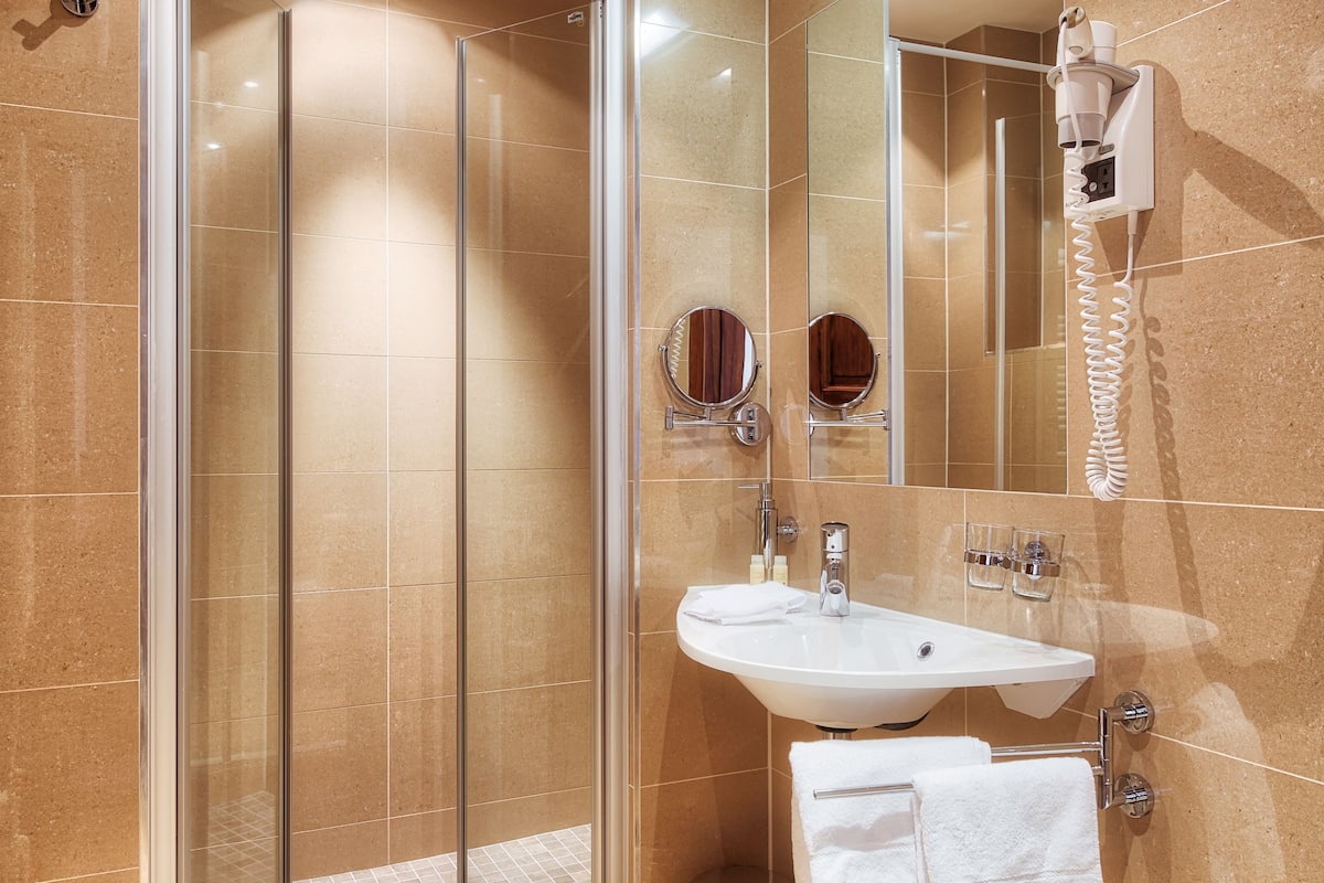 shower, free toiletries, hair dryer, towels