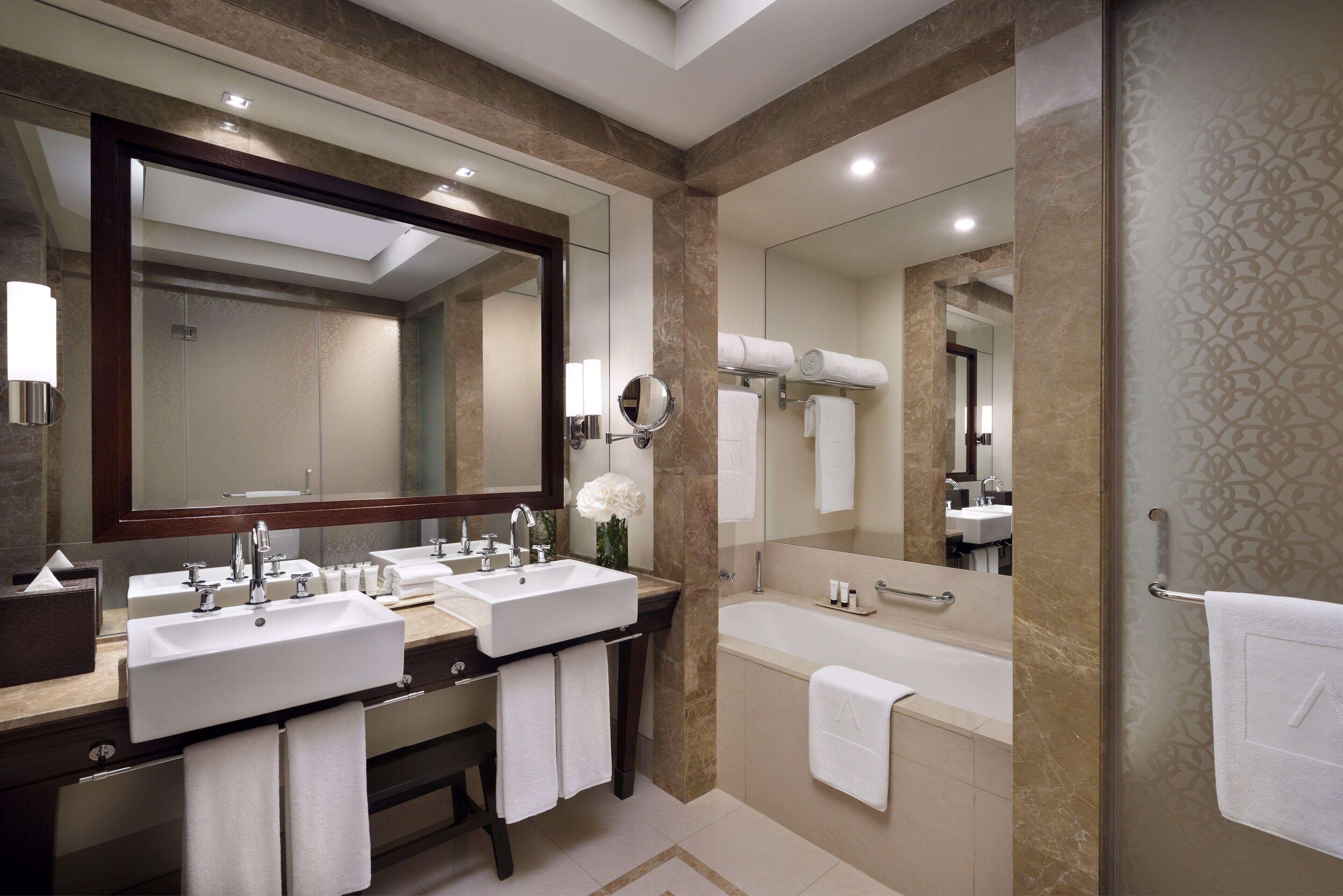 separate bathtub and shower, free toiletries, hair dryer, bathrobes