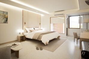 A modern bedroom with a large bed, bedside tables, a desk, and a chair. - Raming Lodge Hotel & Spa (Chiang Mai)