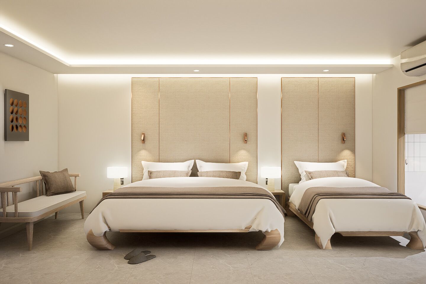 Una habitación de hotel moderna con dos camas, un banco y una obra de arte colgada en la pared.