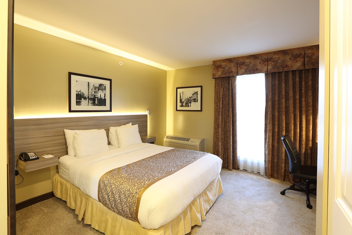 Habitación de hotel con una cama grande, una mesita de noche con teléfono, dos cuadros en la pared, una ventana con cortinas y una silla.