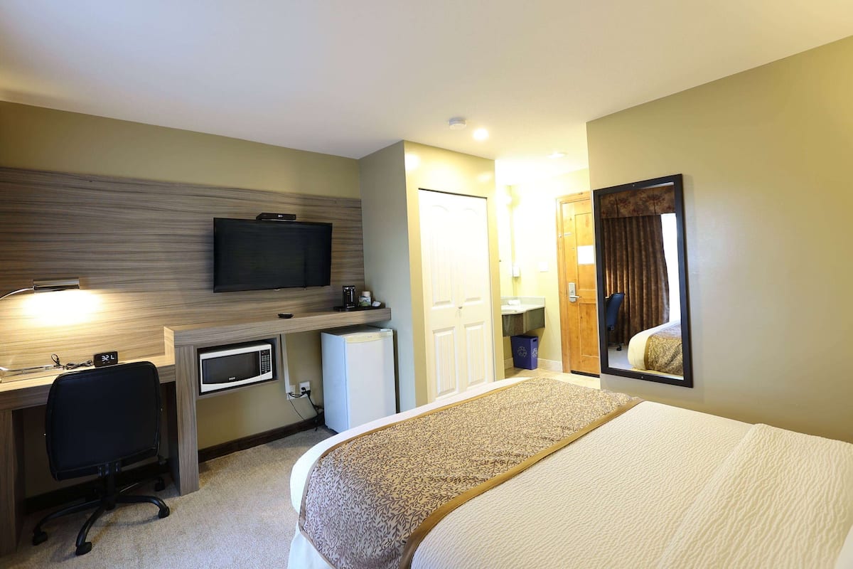 Une chambre d’hôtel équipée d’un lit, d’un bureau, d’un four à micro-ondes et d’une télévision.