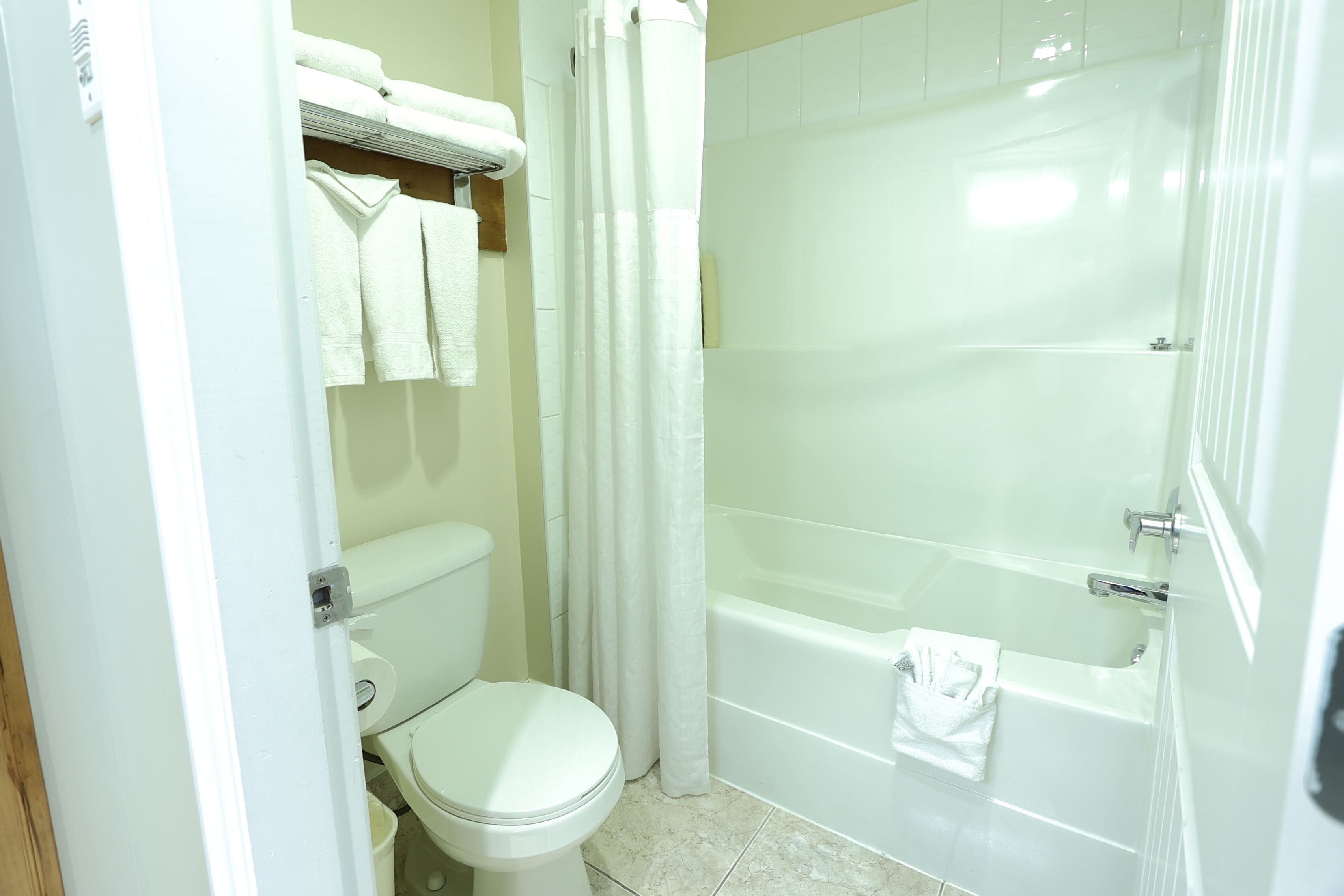 A bathroom with a toilet, a bathtub, and a shower curtain.