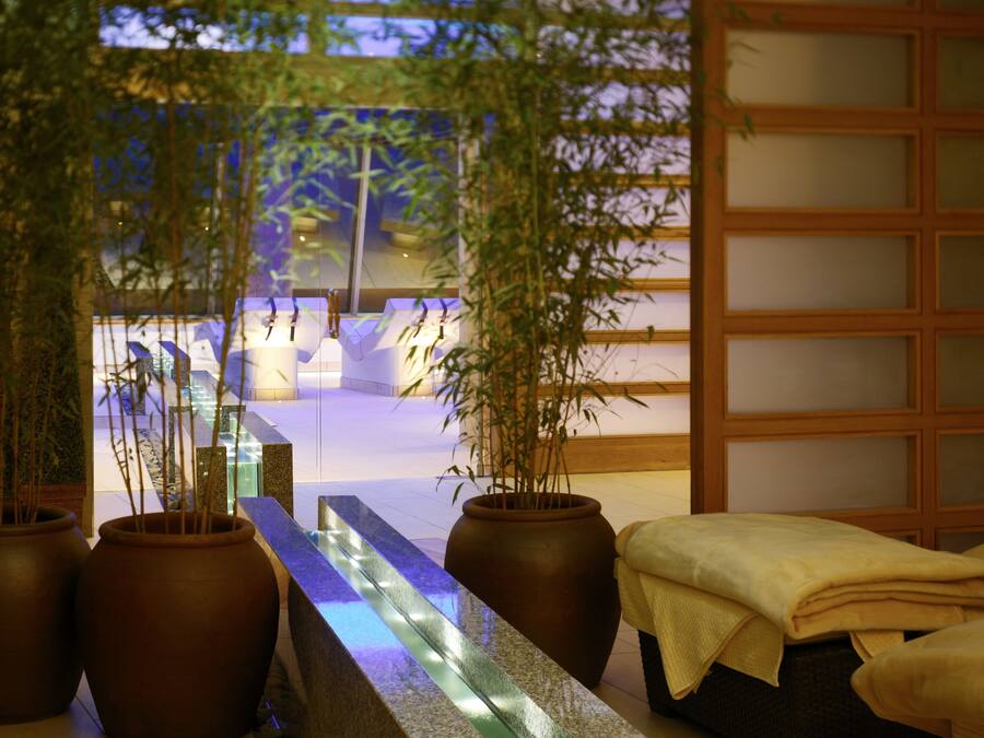 Una habitación tradicional japonesa con suelo de tatami, una mesa de madera baja y una planta de bambú al frente.