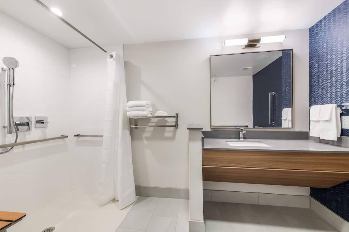 shower, free toiletries, hair dryer, towels