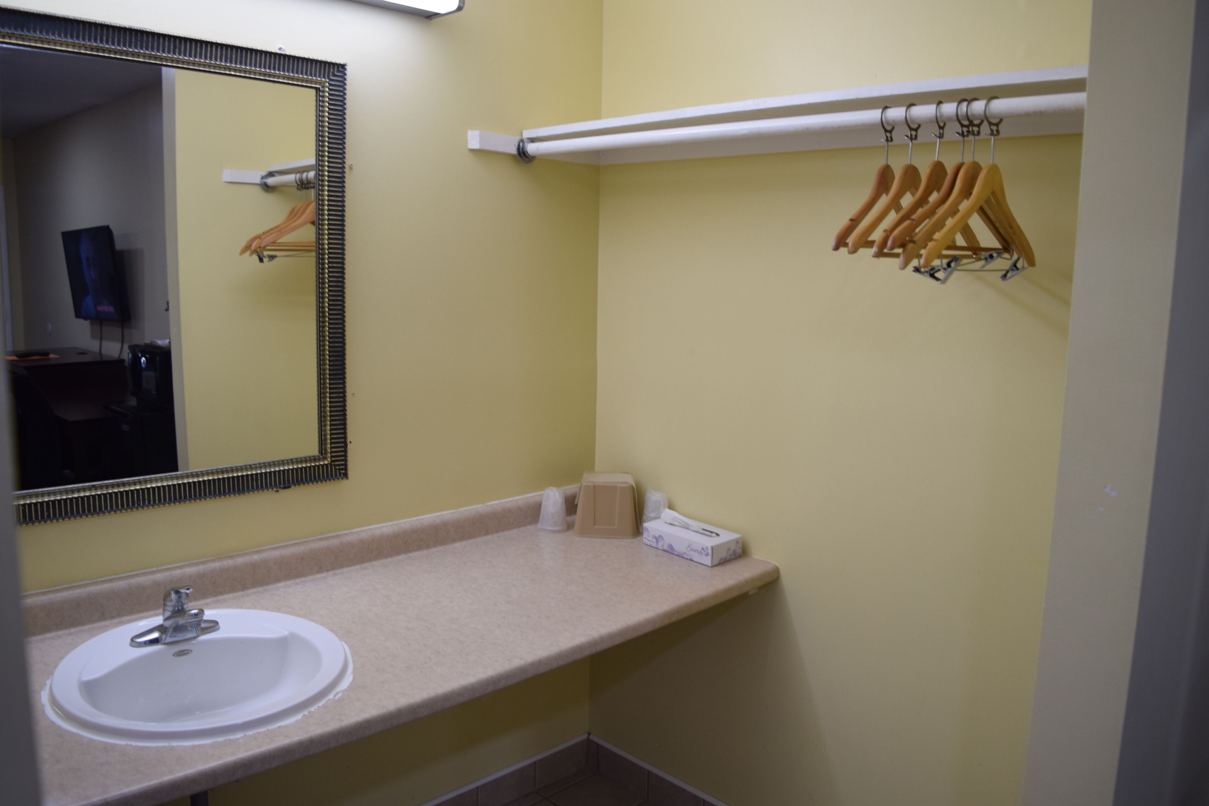 Un bagno con lavandino, specchio, asciugamano e ripiano con scatola di fazzoletti.