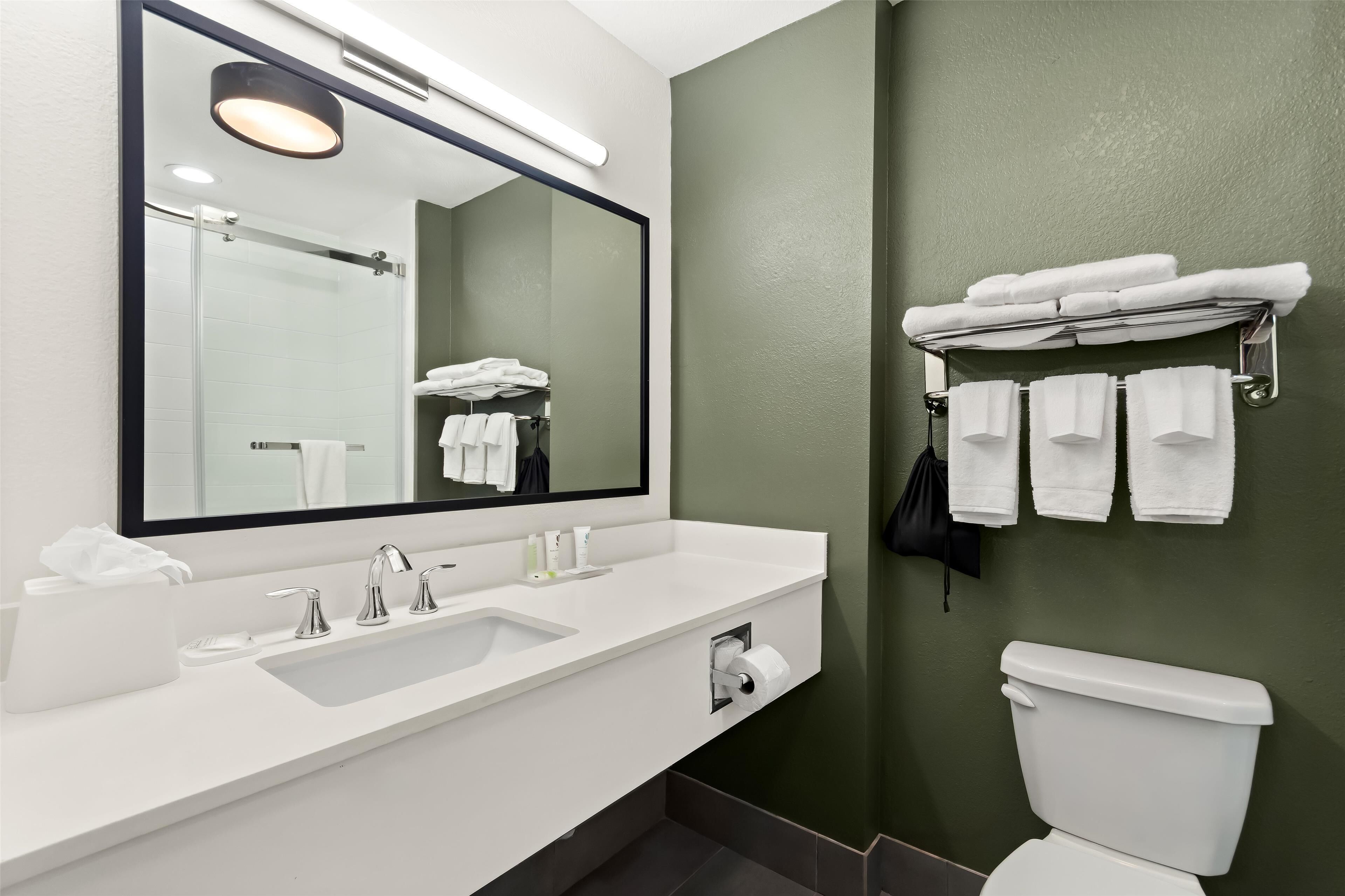 Combined shower/tub, free toiletries, hair dryer, towels