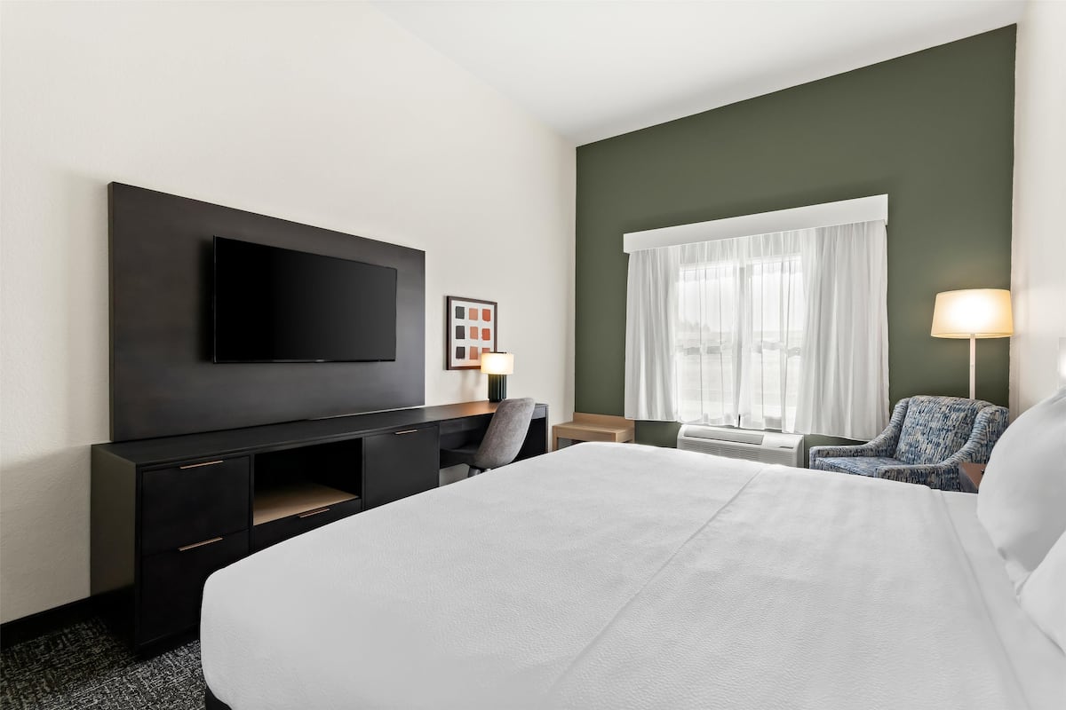 Quarto de hotel com uma cama grande, uma televisão de tela plana na parede, uma escrivaninha com cadeira, uma janela com cortinas e um abajur.