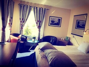 A hotel room with a bed, two chairs, a small table with a plant, and curtains.