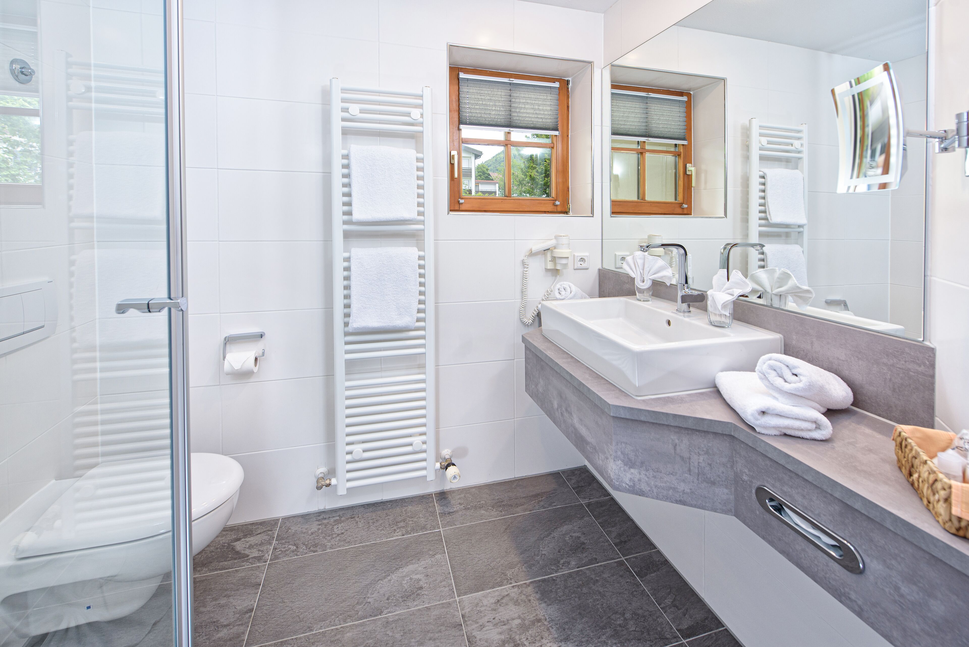 A modern bathroom with a glass shower enclosure, a white toilet, a vanity with a sink and mirror, and a towel rack.