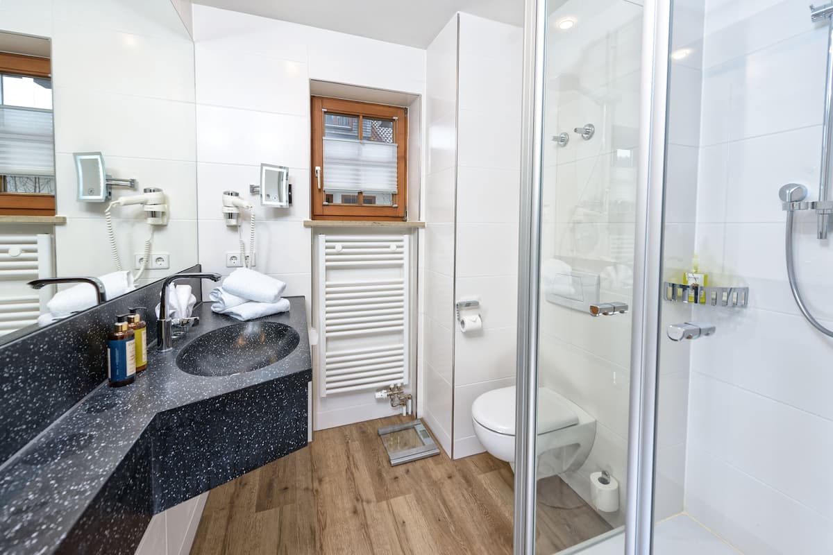 single room (french bed) | bathroom | shower, free toiletries, hair dryer, bathrobes