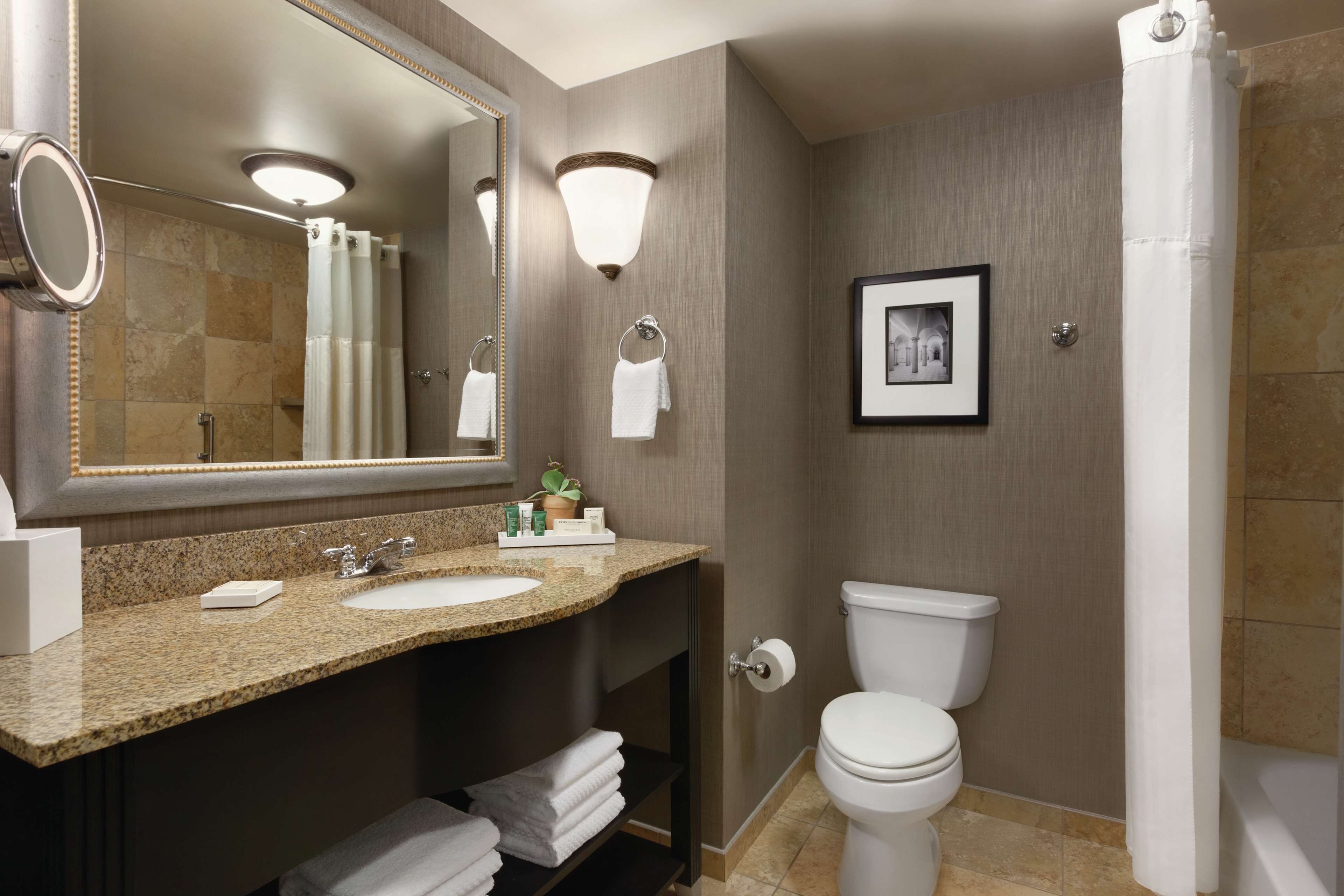 A bathroom with a granite countertop sink, a mirror, a toilet, and a shower curtain.
