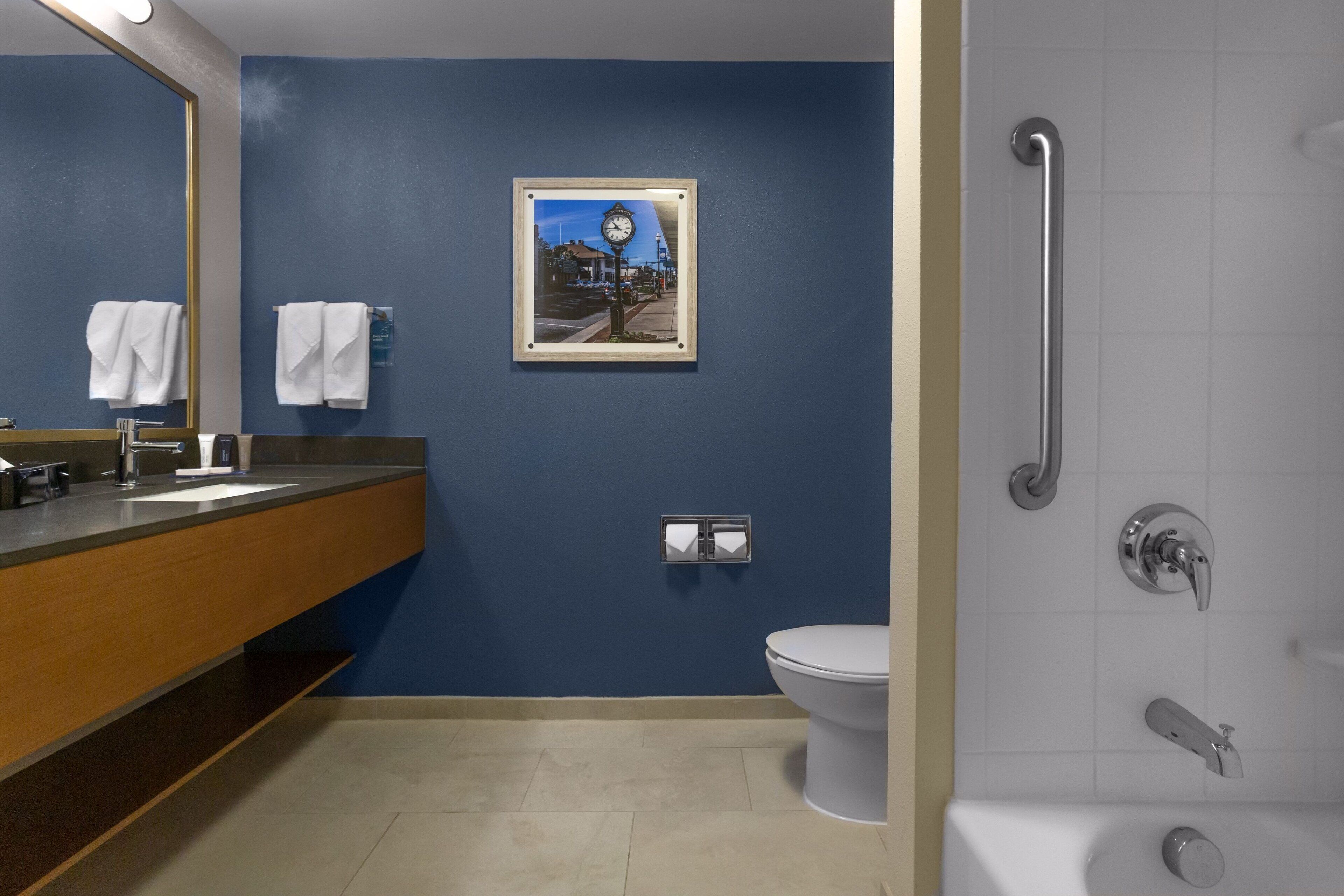 combined shower/bathtub, free toiletries, hair dryer, towels