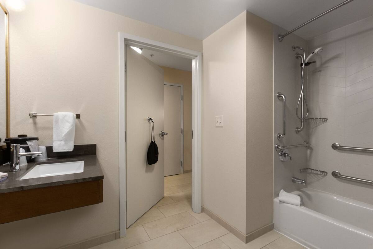 combined shower/bathtub, free toiletries, hair dryer, towels