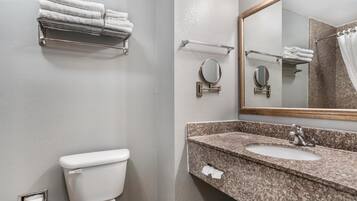 Een badkamer met toilet, wastafel, handdoekrek en spiegel.