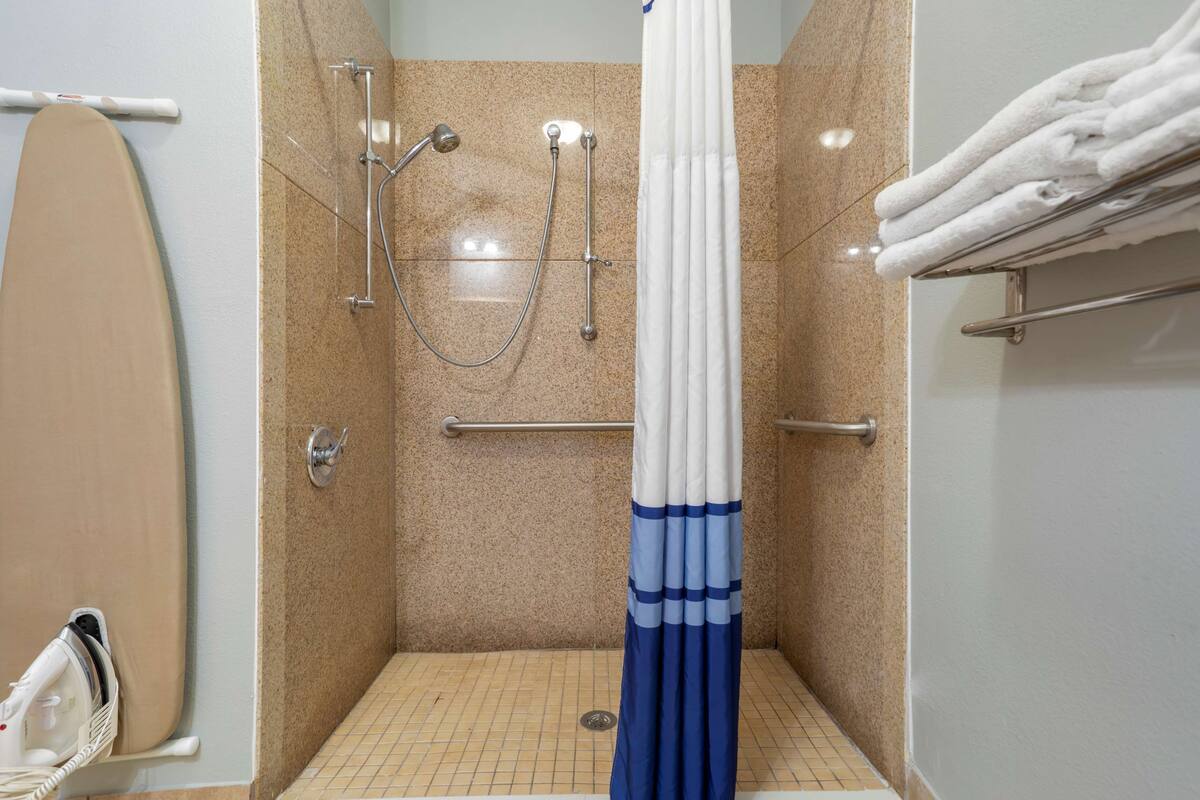 standard room, 1 king bed, accessible, non smoking | bathroom | combined shower/bathtub, designer toiletries, hair dryer, towels
