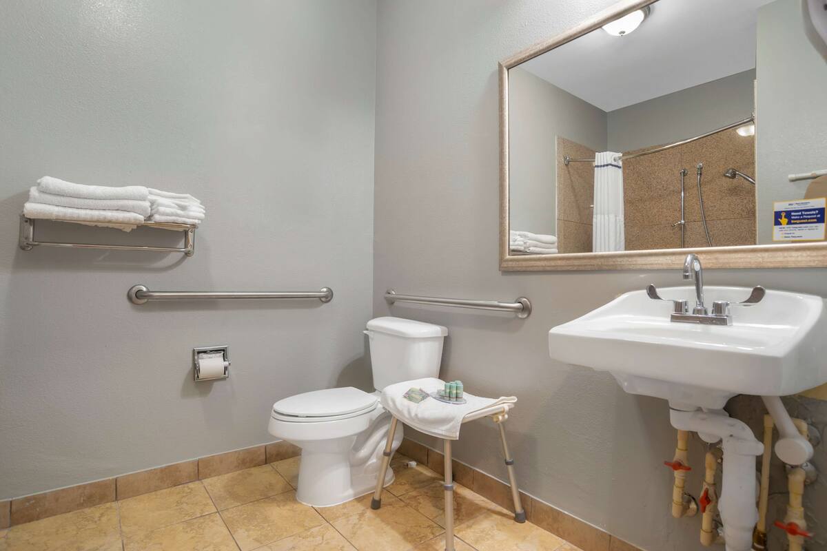 combined shower/bathtub, designer toiletries, hair dryer, towels