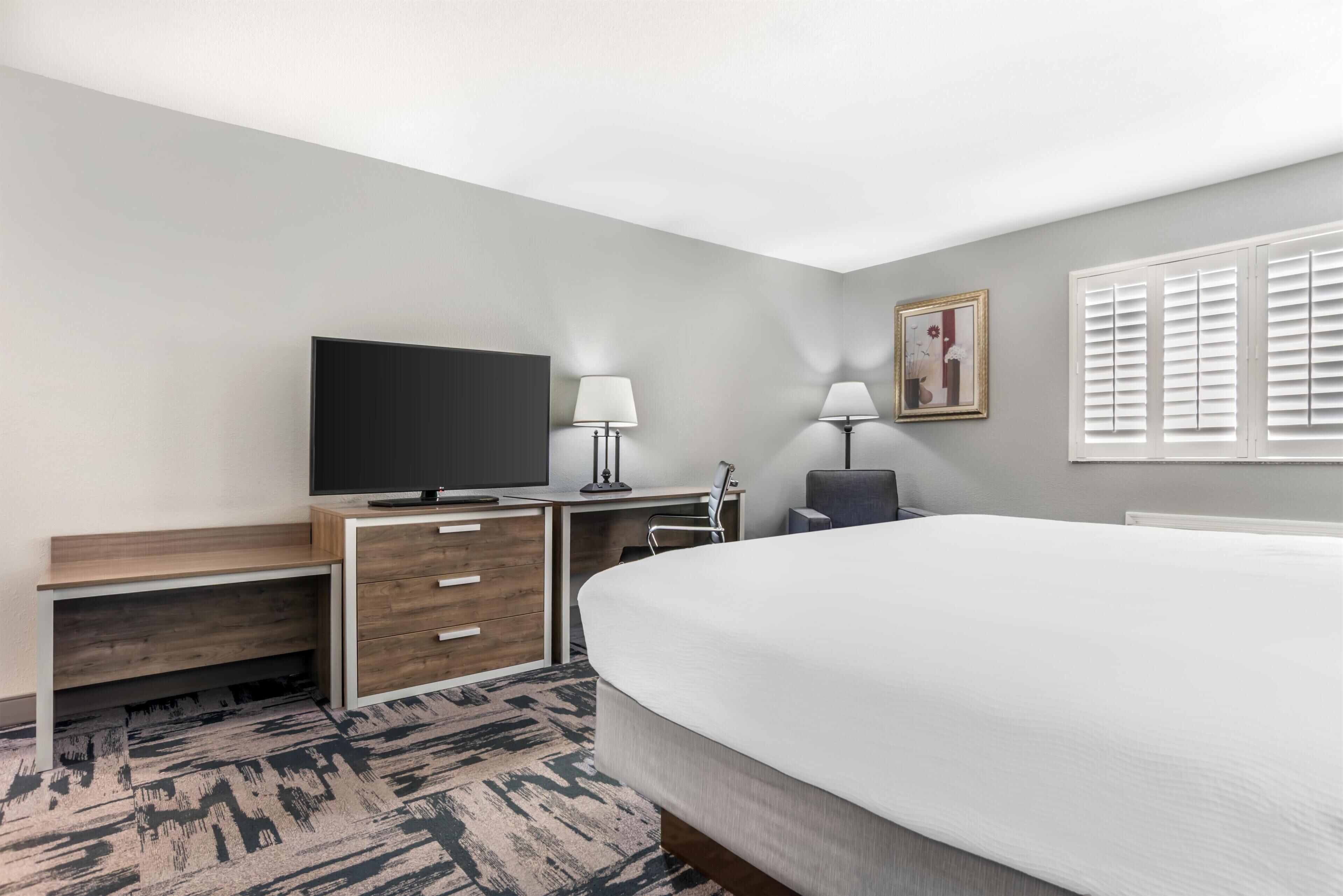 A hotel room with a bed, a desk with a flat-screen TV, two lamps, a chair, and a framed picture on the wall.