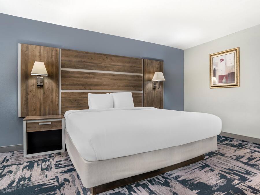 Premium bedding, desk, laptop workspace, blackout drapes