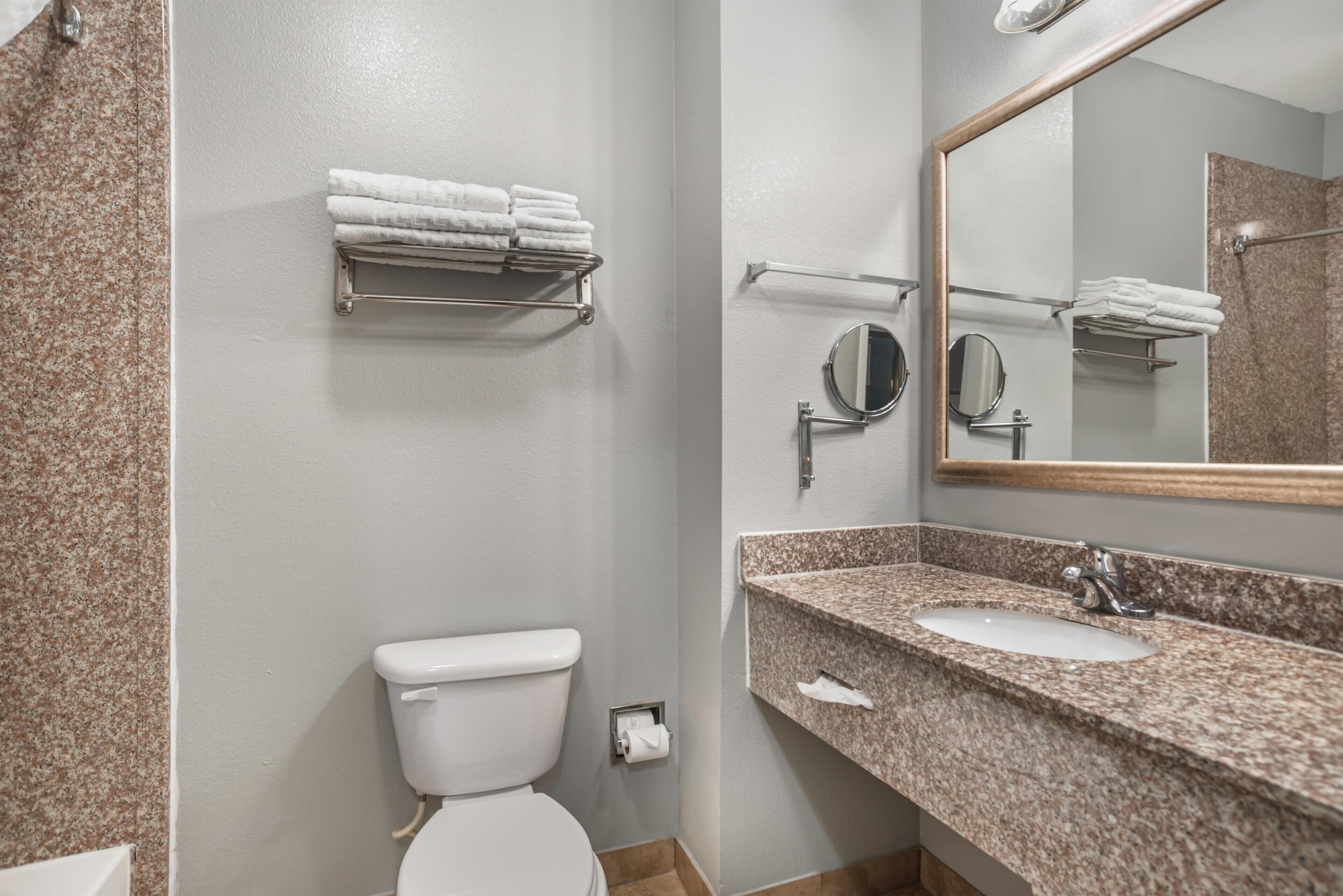 Baño con inodoro, lavamanos, espejo, toallero y zona de ducha.