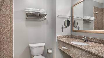 Baño con inodoro, lavamanos, espejo, toallero y zona de ducha.