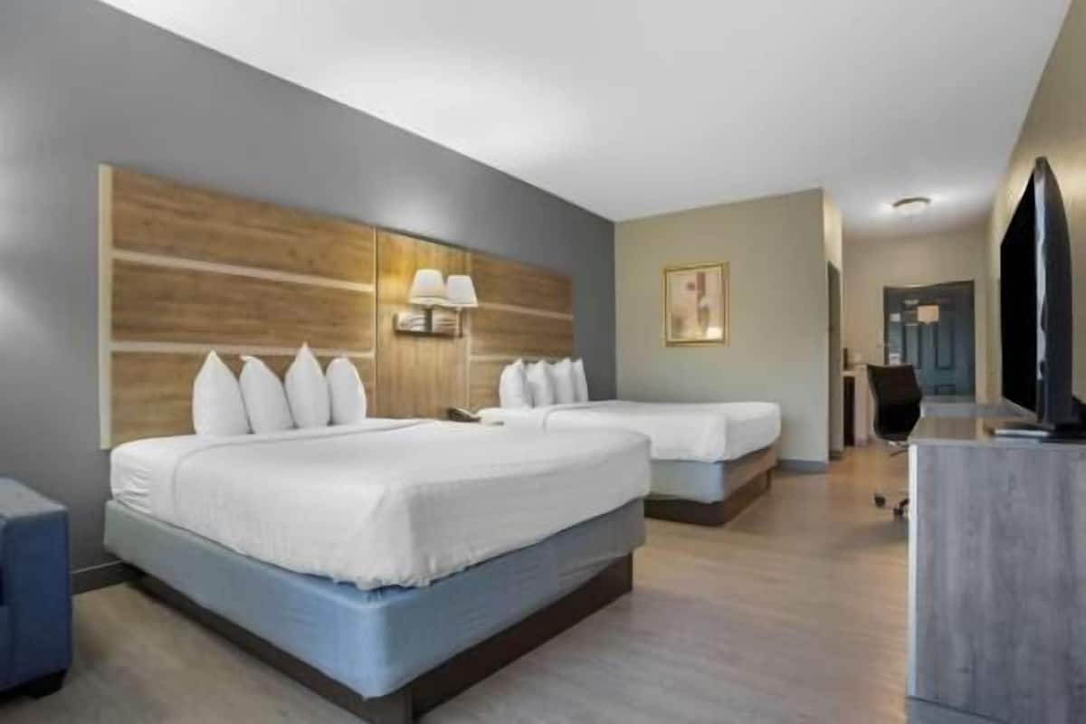 Premium bedding, desk, laptop workspace, blackout curtains