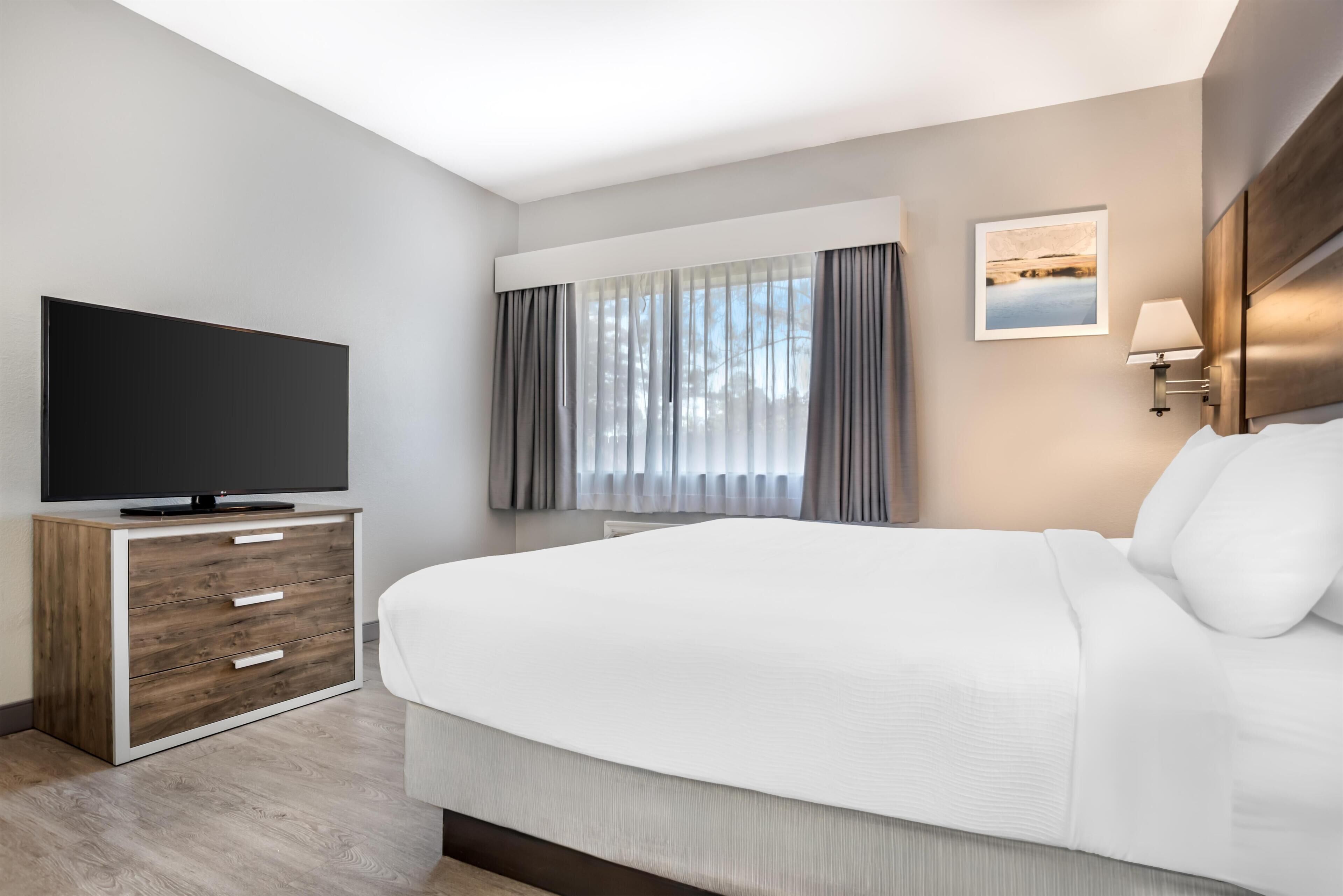 Habitación de hotel con cama, televisor sobre un mueble de madera, ventana con cortinas, lámpara fijada a la pared y un cuadro en la pared.
