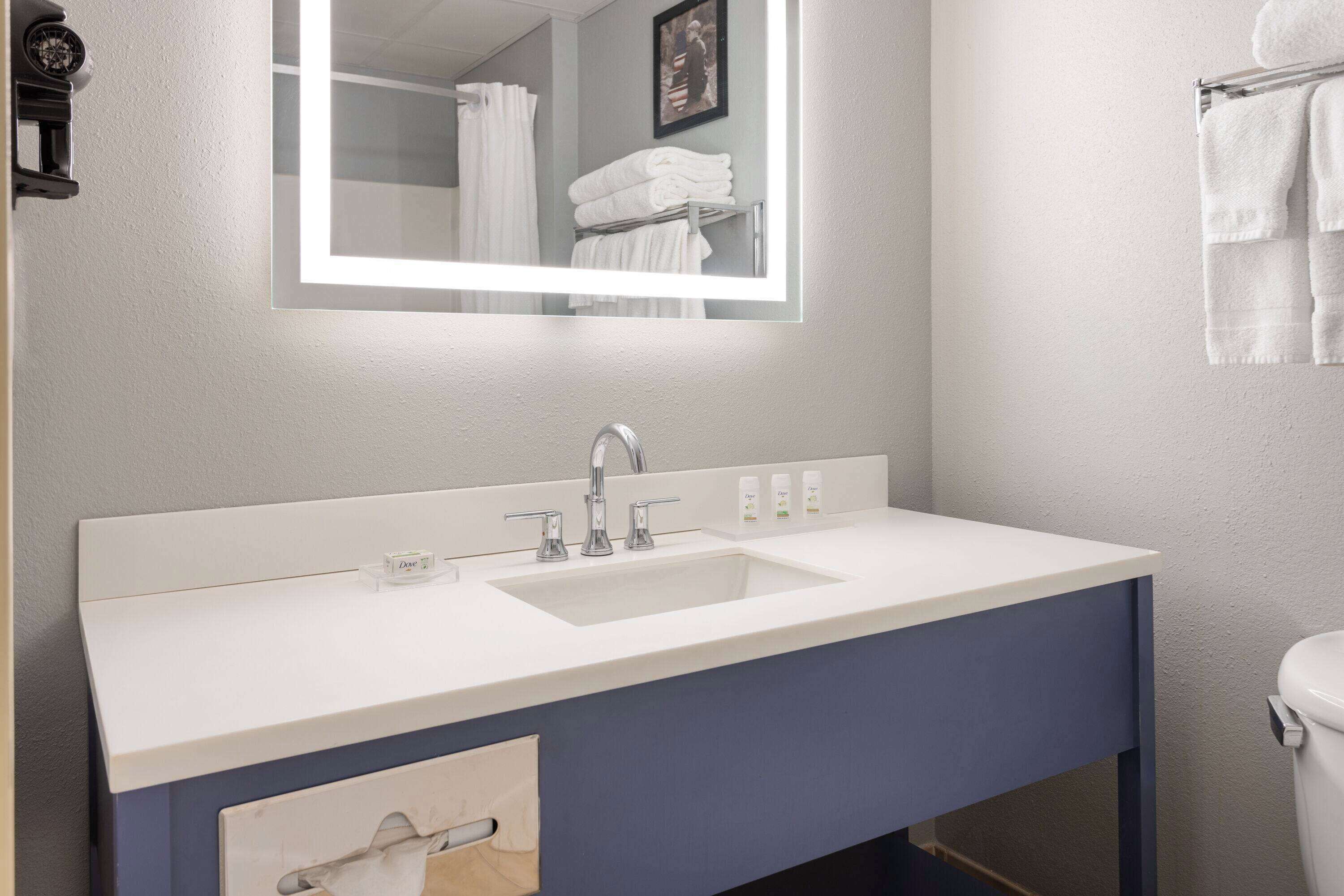 combined shower/bathtub, free toiletries, hair dryer, towels