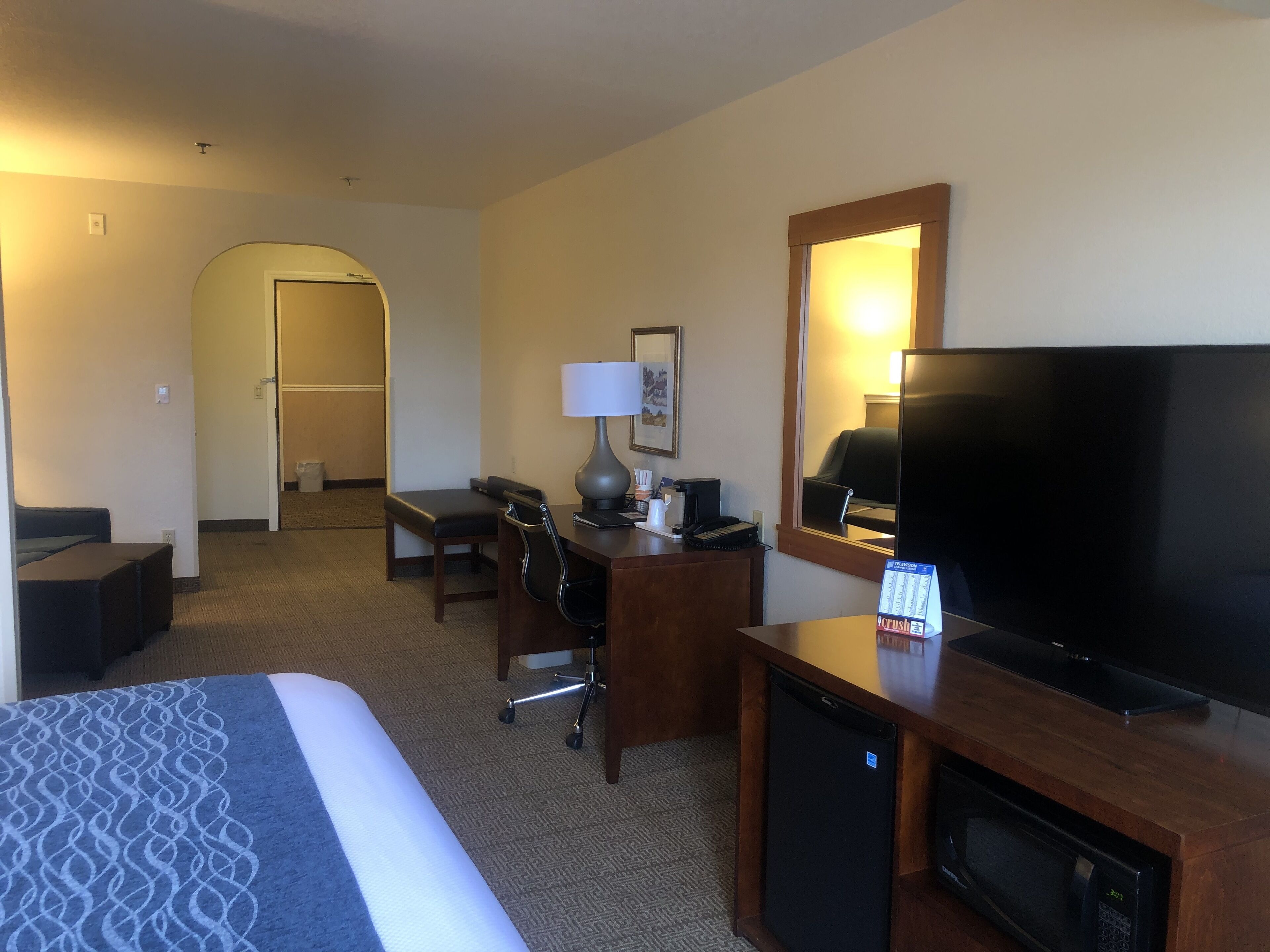 Quarto de hotel com cama, escrivaninha, cadeira, televisão e micro-ondas.