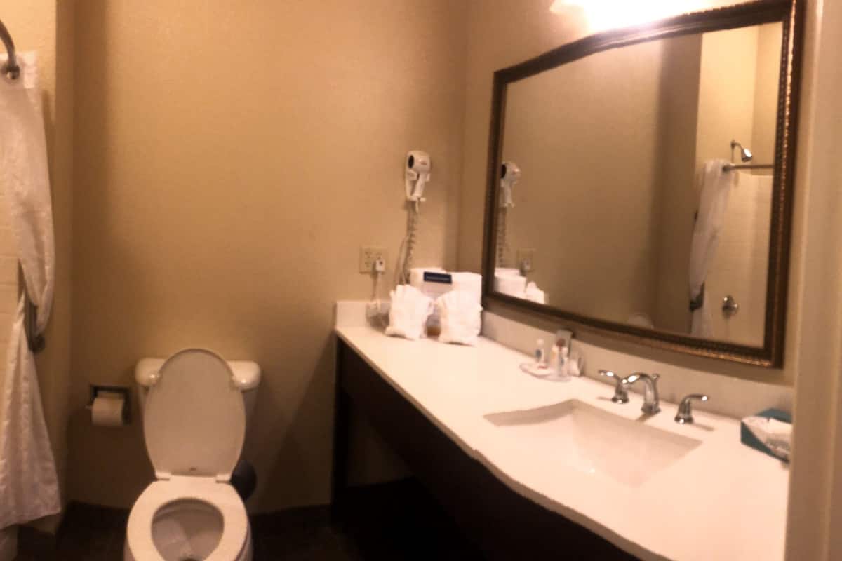 combined shower/bathtub, hair dryer, slippers, towels