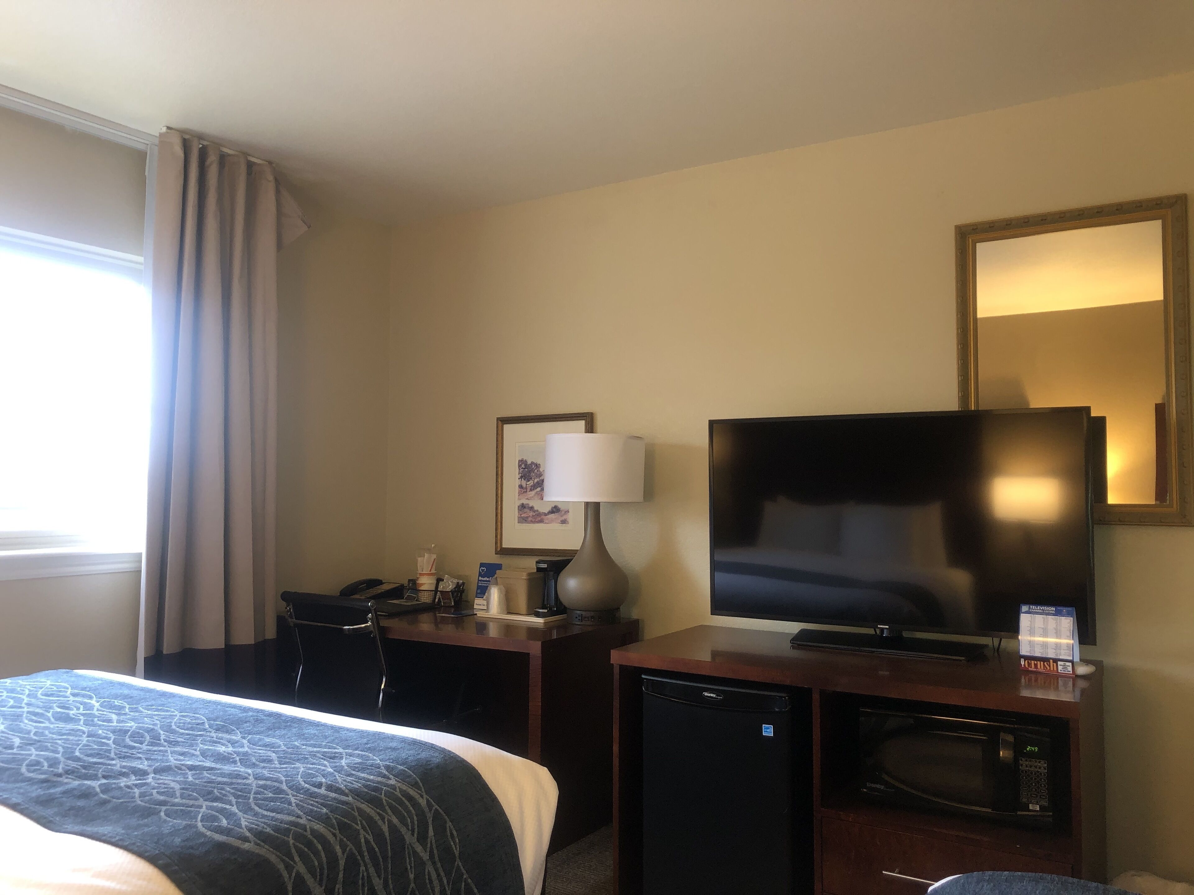 A hotel room with a bed, a desk with a lamp, a television, a refrigerator, and a microwave.