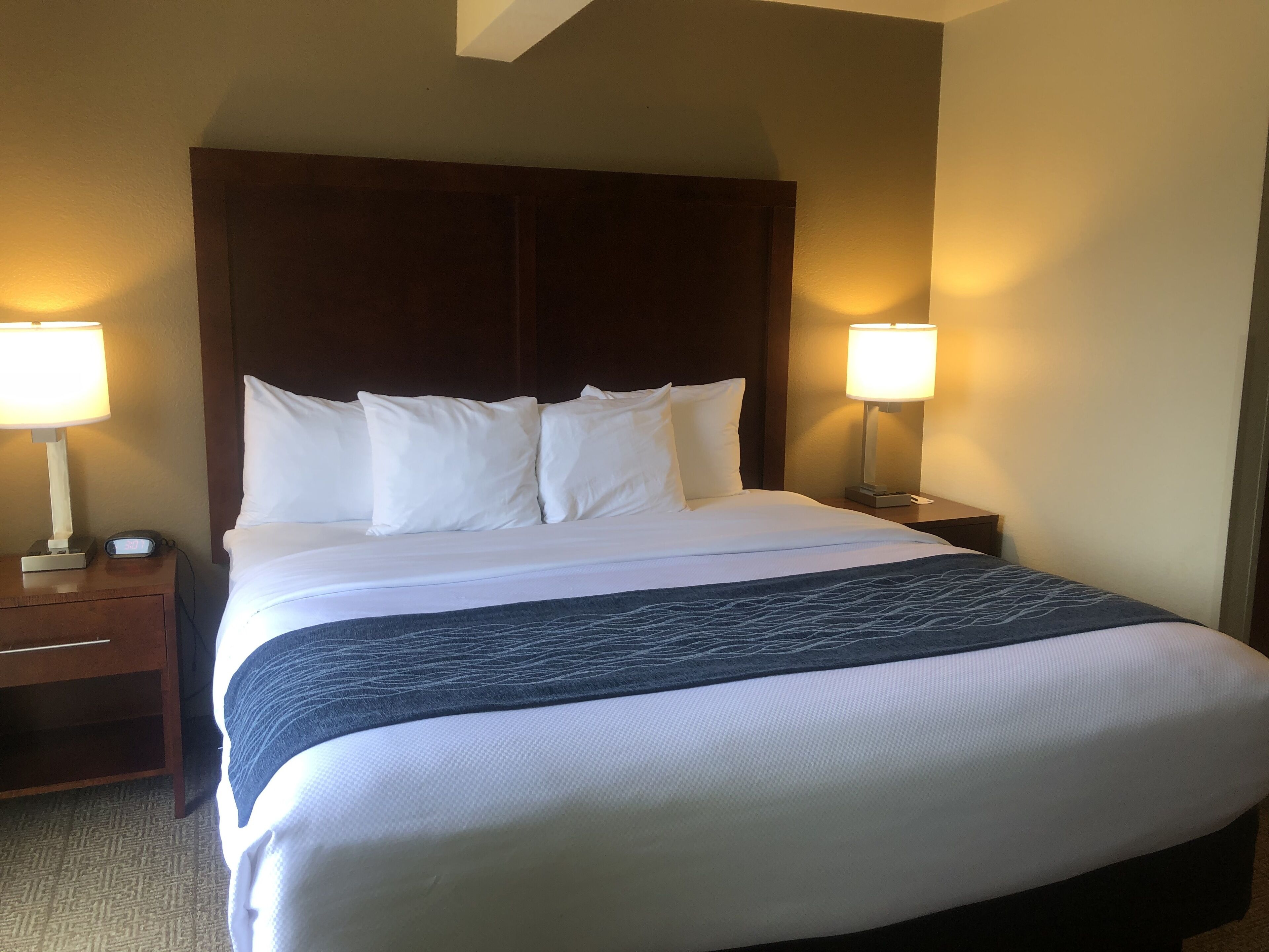 A hotel room with a large bed, two bedside lamps, and a wooden headboard.