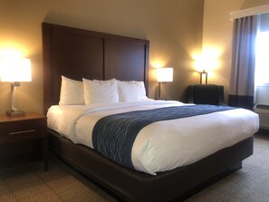 A hotel room with a large bed, two bedside tables with lamps, a chair, and an air conditioning unit.