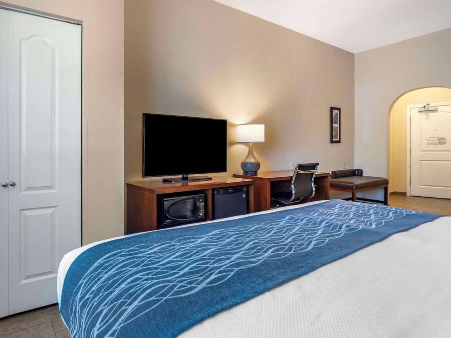 A hotel room with a bed, a TV, a desk with a lamp, a chair, and a microwave.