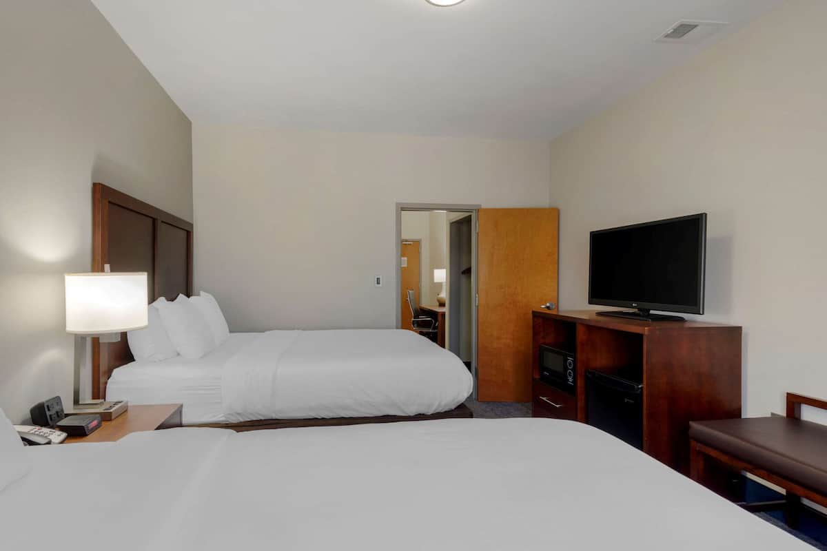 A hotel room with two beds, a TV, a desk, and a lamp.