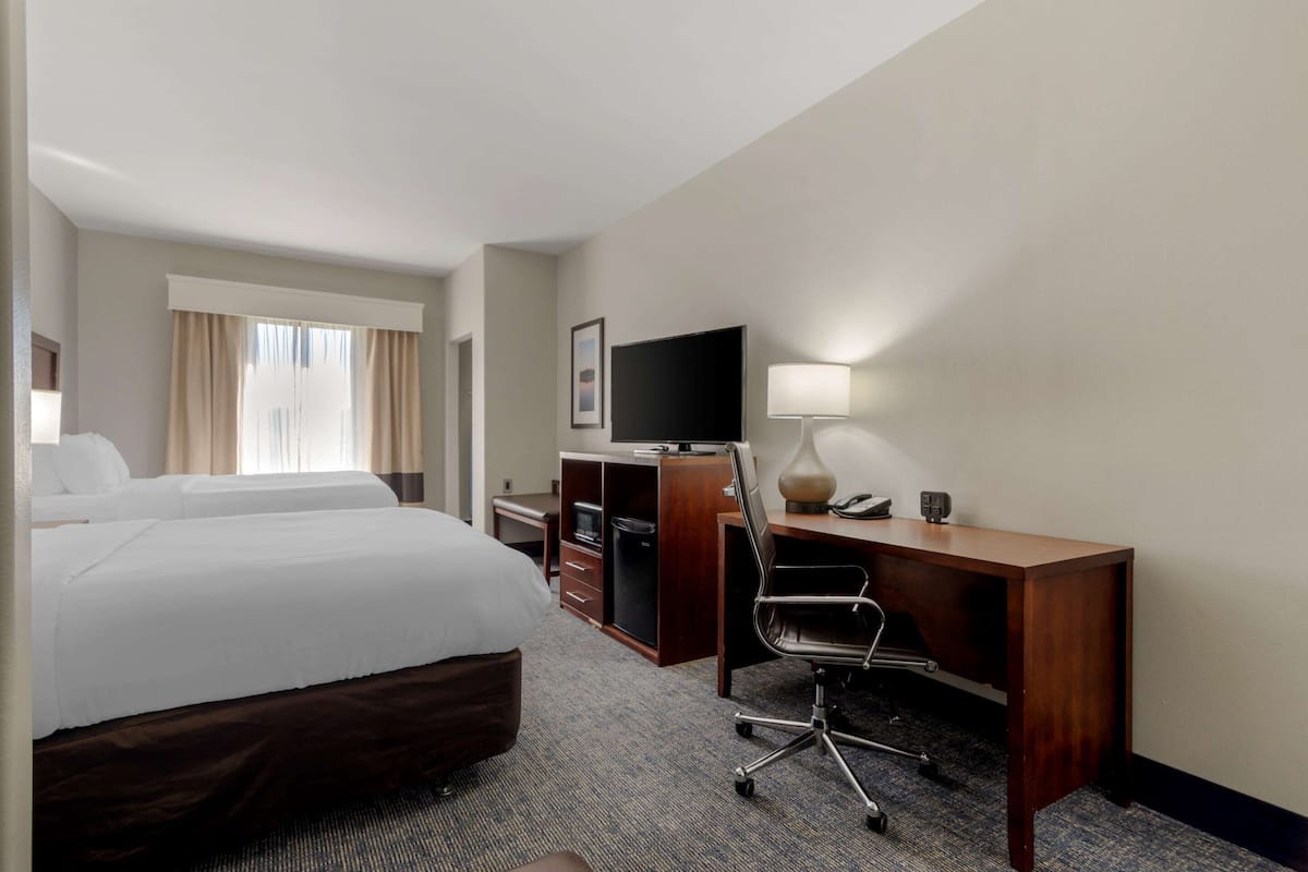 A hotel room with two beds, a desk with a chair, a television, and a lamp.