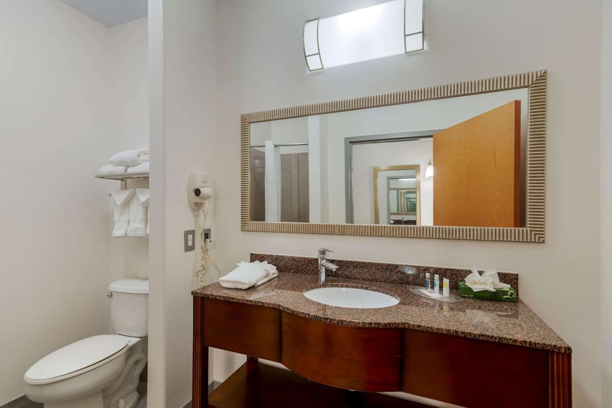 A bathroom with a white toilet, a sink with a mirror above it, and towels on the wall.