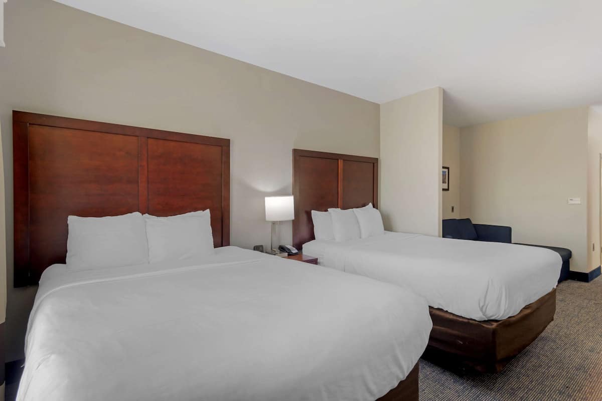 A hotel room with two beds, wooden headboards, white linens, a bedside table with a lamp, and a dark-colored sofa.