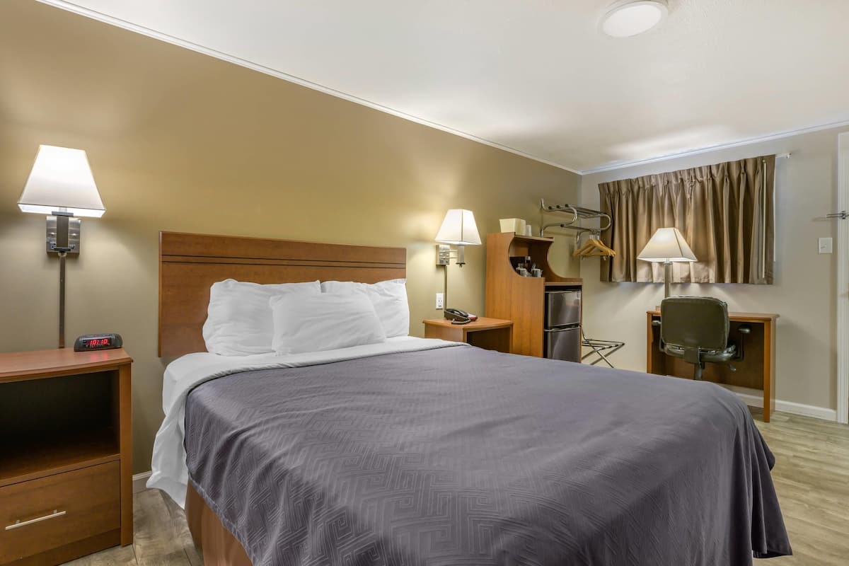 Habitación de hotel con cama, lámparas de noche, escritorio con silla, espejo y perchero.