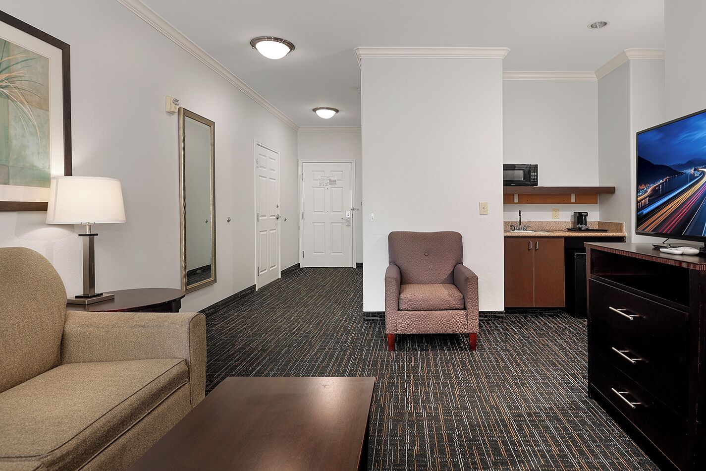 premium bedding, desk, blackout curtains, iron/ironing board