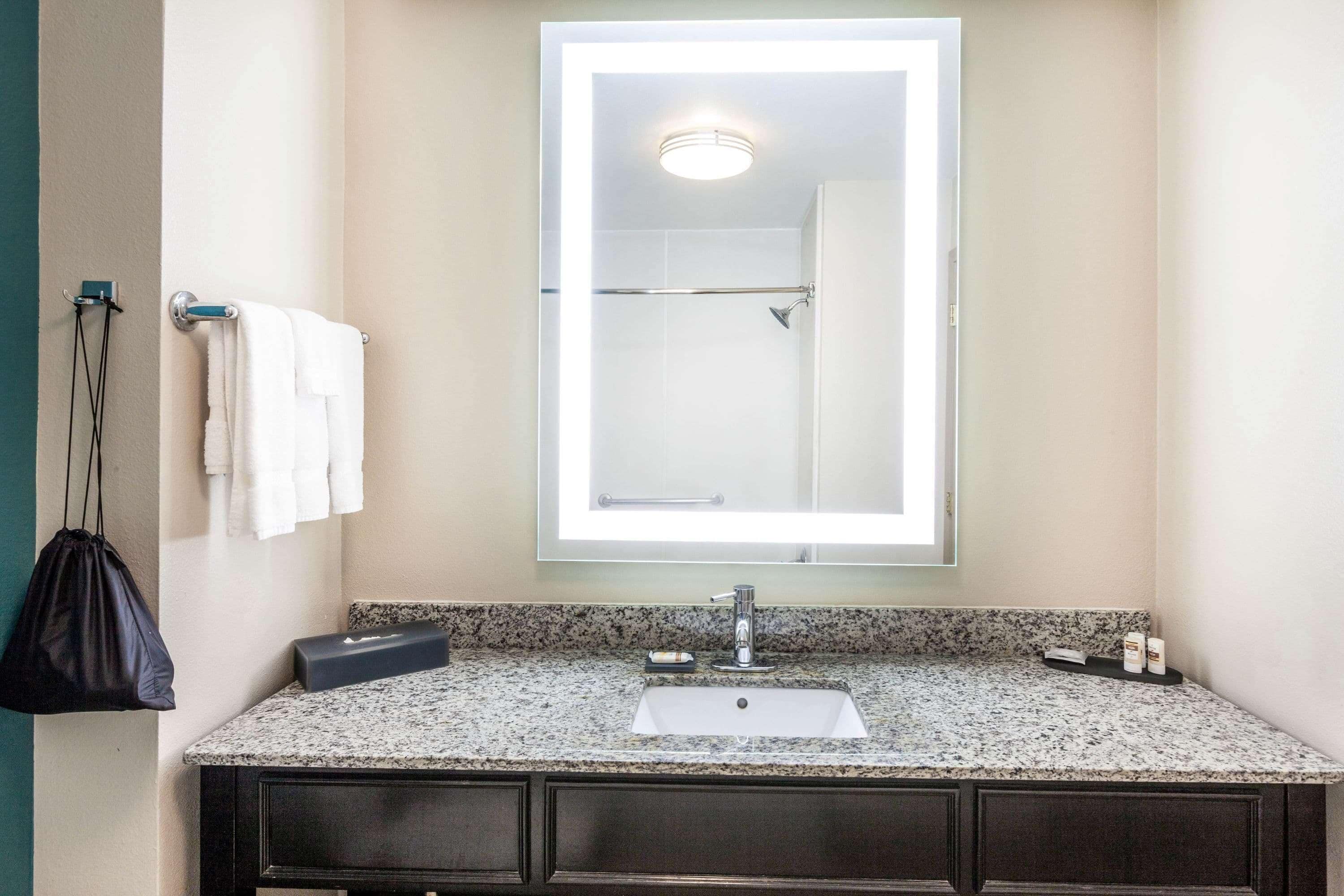 combined shower/bathtub, free toiletries, hair dryer, towels