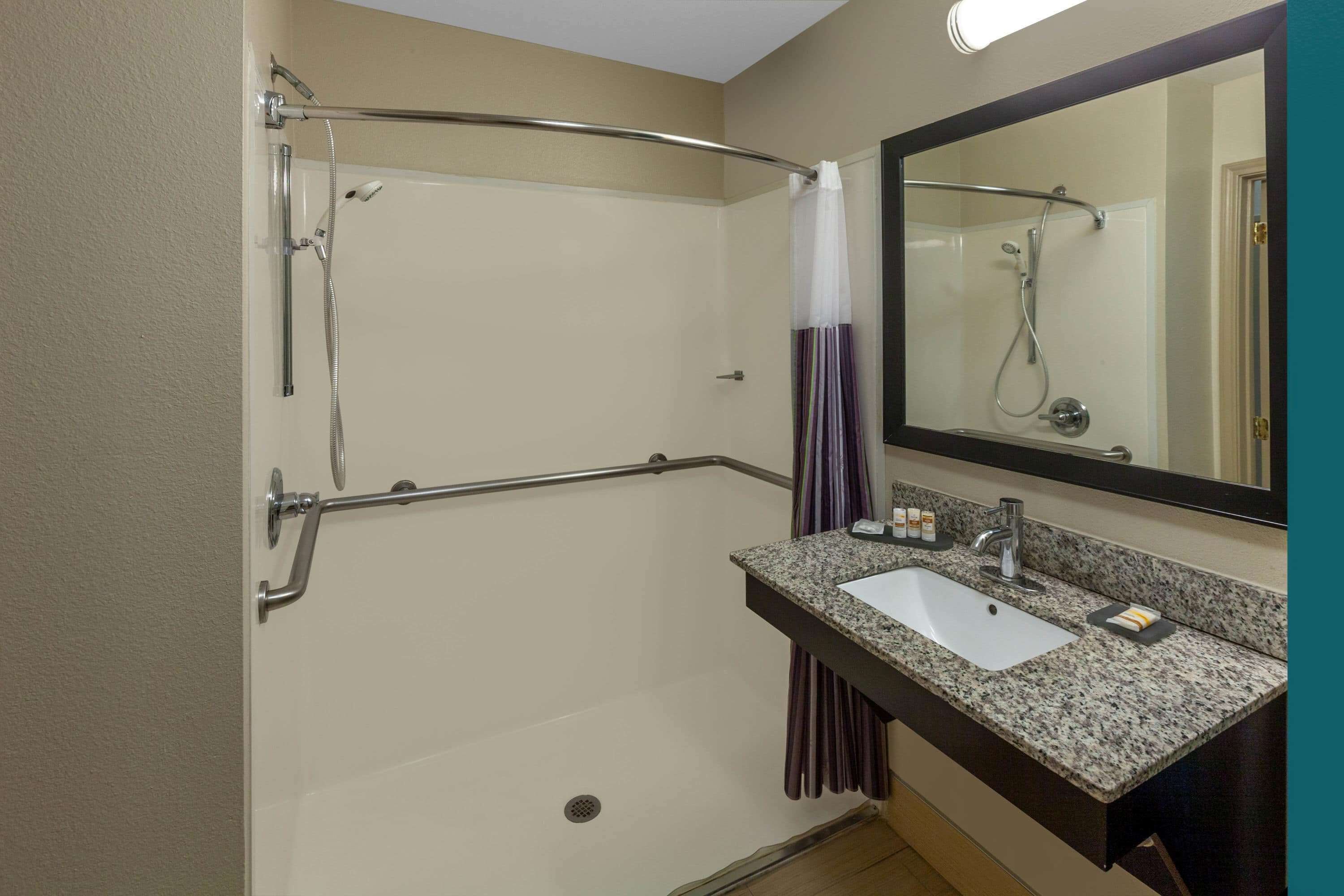 combined shower/bathtub, free toiletries, hair dryer, towels
