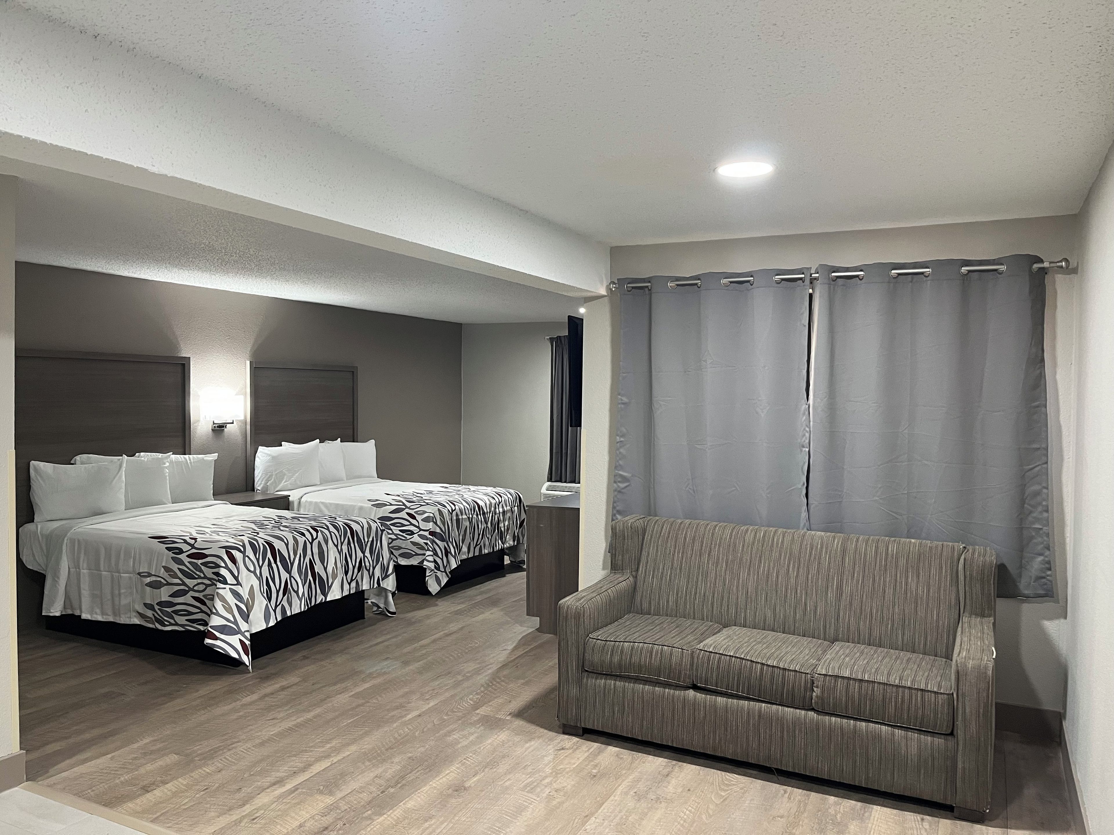 Habitación de hotel con dos camas, un sofá, cortina de ducha y un espejo.