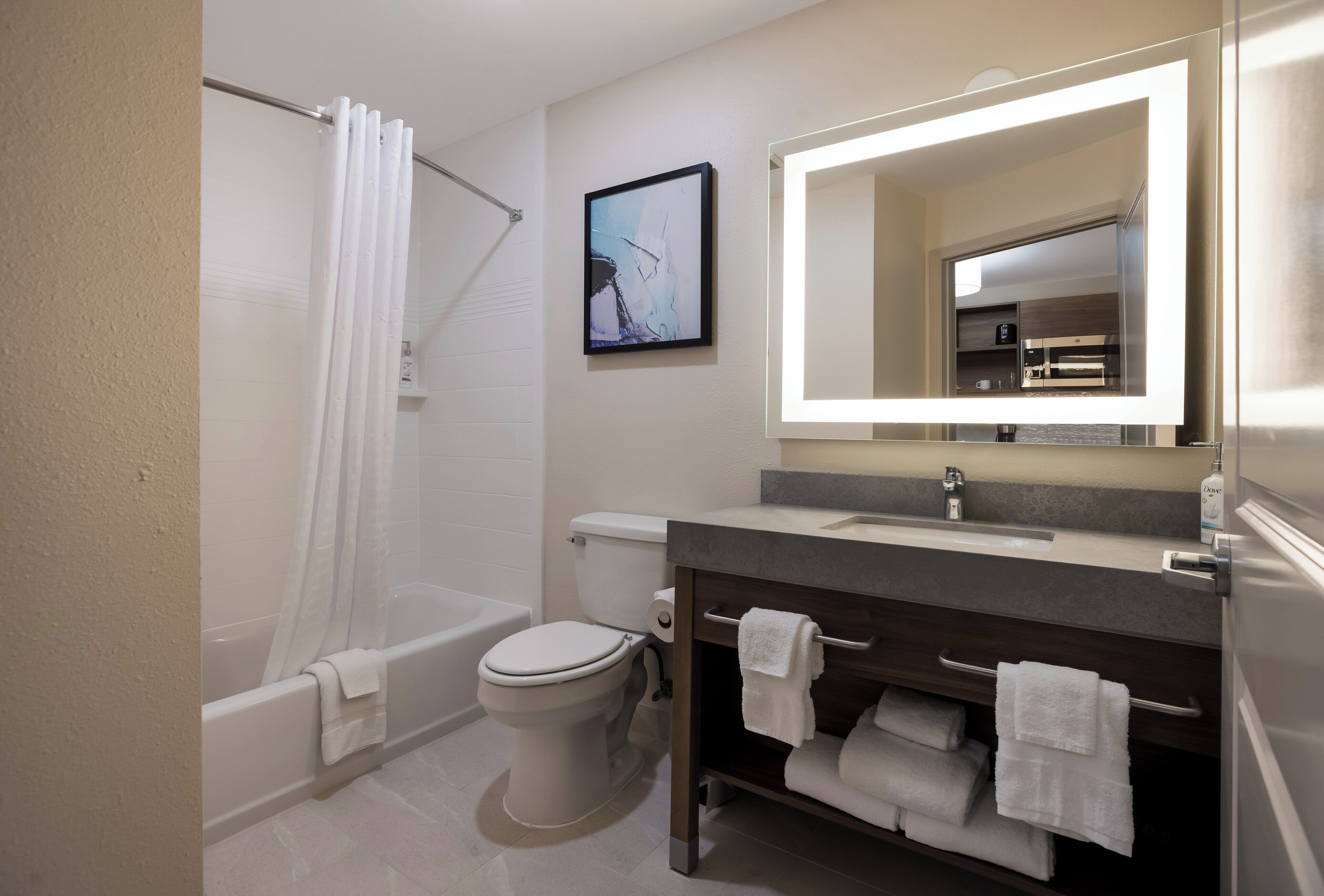 Une salle de bain moderne équipée d’une baignoire, de toilettes et d’un meuble-lavabo avec un miroir.