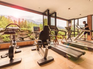 A gym with cardio equipment, a treadmill, and a stationary bike, with a scenic mountain view through large windows. - Schloss Elmau Luxury Spa Retreat & Cultural Hideaway (Kruen)