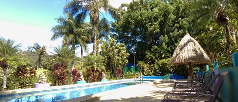 A pool area with lounge chairs, a thatched umbrella, and tropical vegetation.