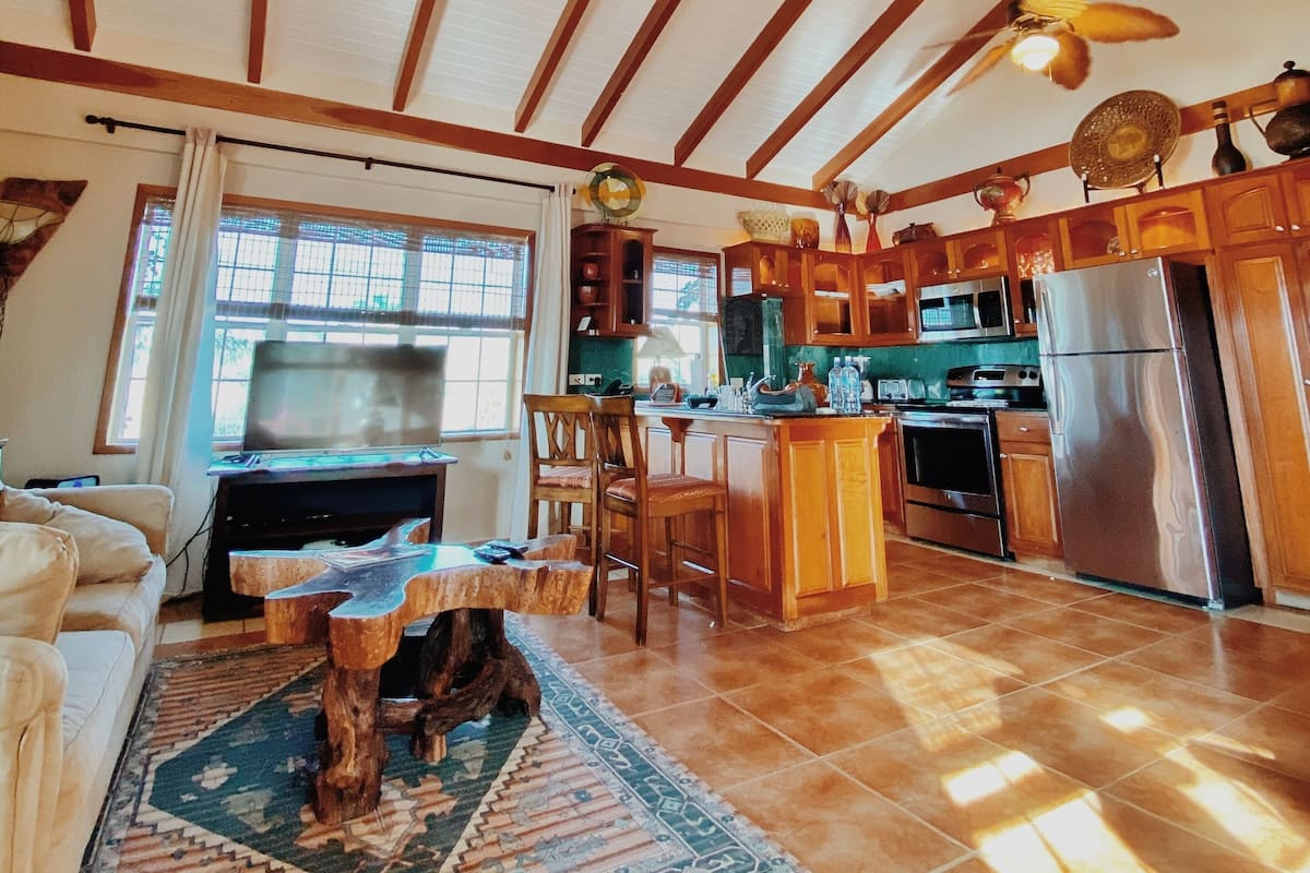 Ein geräumiges Wohnzimmer mit großem Fernseher, Holzbalkendecke und Deckenventilator.